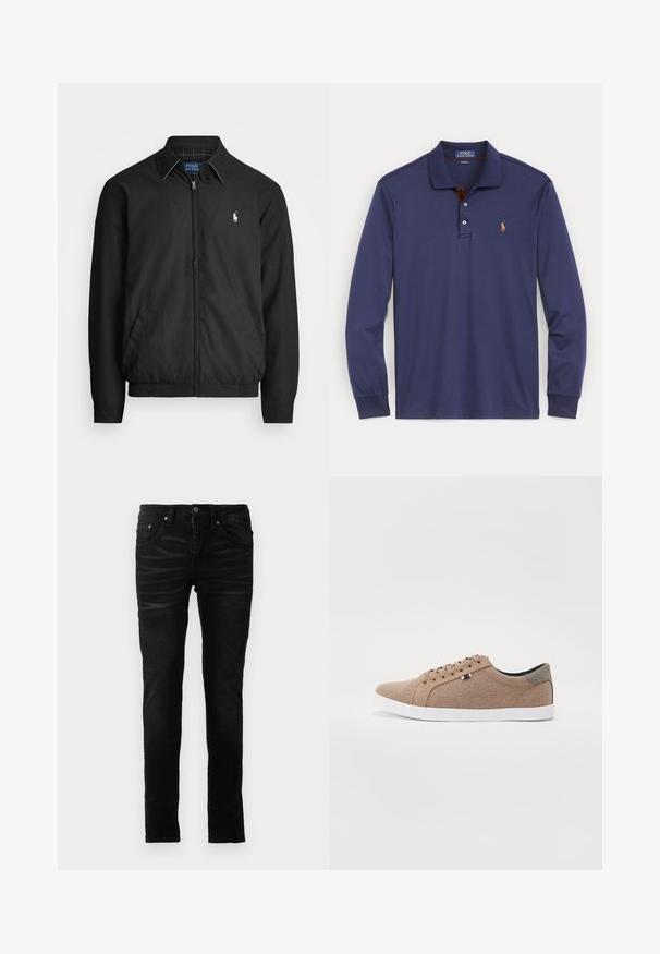 Zwarte bomberjack van glad materiaal met een rits aan de voorkant, elastische manchetten, zijzakken en een klein geborduurd logo op de borst.; Donkerblauw Polo Ralph Lauren shirt met lange mouwen, kraag, twee knopen en geborduurd paardenlogo op de linkerborst.; Zwarte skinny jeans met een gladde denimtextuur, traditionele vijf-pocketontwerp, ritsluiting en subtiele vervaging details op de stof.; Beige canvas sneakers met een low-top ontwerp, witte rubberen zool en ronde veters. Kenmerkt zich door een contrasterende grijze hielaccent en logodetail.