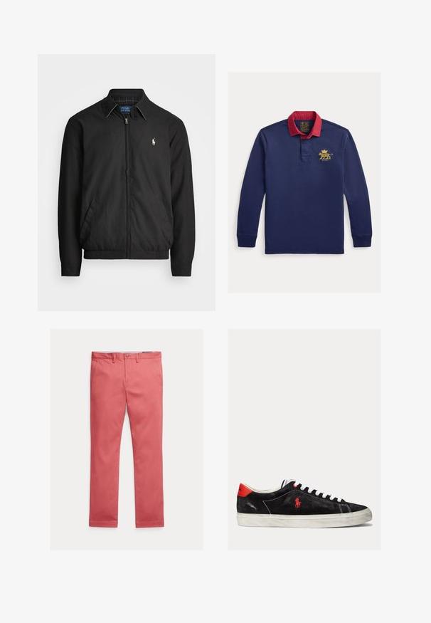 Zwarte bomberjack van glad materiaal met een rits aan de voorkant, elastische manchetten, zijzakken en een klein geborduurd logo op de borst.; Marineblauw poloshirt met lange mouwen, voorzien van een rode kraag, een goudkleurig geborduurd leeuwenlogo en een drieknopsbies. Gemaakt van zacht katoen.; Koraalkleurige katoenen chinos met een rechte pijp, voorzien van een knoopsluiting aan de voorkant, riemlussen en zijzakken. Strakke snit met opgerolde zoom.; Zwarte suede sneakers met witte veters, rode accenten op de hak en een klein rood logo. Beschikt over een platte rubberen zool en eenvoudige stiksels.