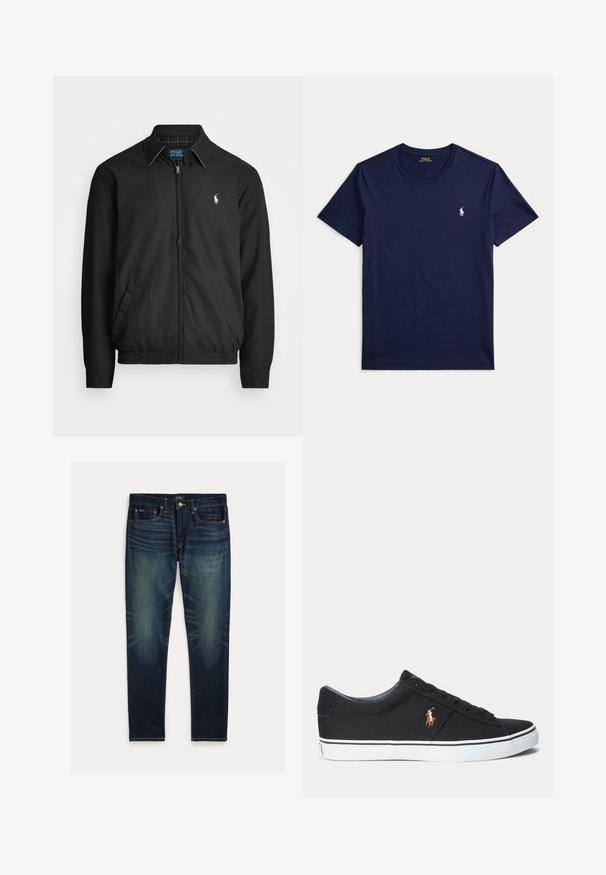 Zwarte bomberjack van glad materiaal met een rits aan de voorkant, elastische manchetten, zijzakken en een klein geborduurd logo op de borst.; Marineblauw T-shirt met ronde hals, korte mouwen en een klein wit Polo Ralph Lauren-logo op de linkerborst.; Donkerblauwe slim-fit jeans met vervaagde details, vijfzakkenontwerp en knoopsluiting, plat gelegd op een witte achtergrond.; Zwarte lage sneaker met witte zool en gestikt polo-speler logo aan de zijkant, met veterluiting en textuurstof bovenwerk.