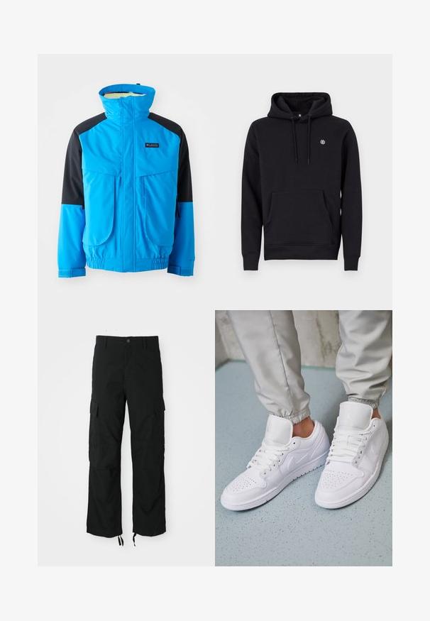 Blauwe en zwarte waterdichte jas met hoge kraag, twee voorzakken, elastische manchetten en verstelbare zoom. Glad materiaal met stikseldetails.; Zwarte hoodie van katoenmix. Heeft een voorzak, geribbelde manchetten en een klein logo op de borst.; Zwarte cargobroek van duurzaam materiaal, voorzien van twee zijzakken, een knoopsluiting en verstelbare onderranden voor een losse, comfortabele pasvorm.; Witte leren sneakers met een geperforeerde neus, platte veters, een gepolsterde kraag en het Jordan-logo op de tong. Gediend met grijze joggers.
