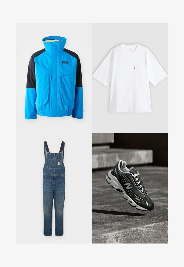 Blauwe en zwarte waterdichte jas met hoge kraag, twee voorzakken, elastische manchetten en verstelbare zoom. Glad materiaal met stikseldetails.; Wit katoenen T-shirt met korte mouwen, ronde hals en een borstzak aan de linkerkant. Heeft een klein rood logotagje op de zak.; Denim blauwe tuinbroek met verstelbare zwarte schouderbanden, een voorste borstzak met logopatch en zijzakken, plat gelegd op een witte achtergrond.; Zwart-witte New Balance 1000 sneaker met witte veters, zwevend boven een ruwe betonnen ondergrond met stenen treden op de achtergrond.