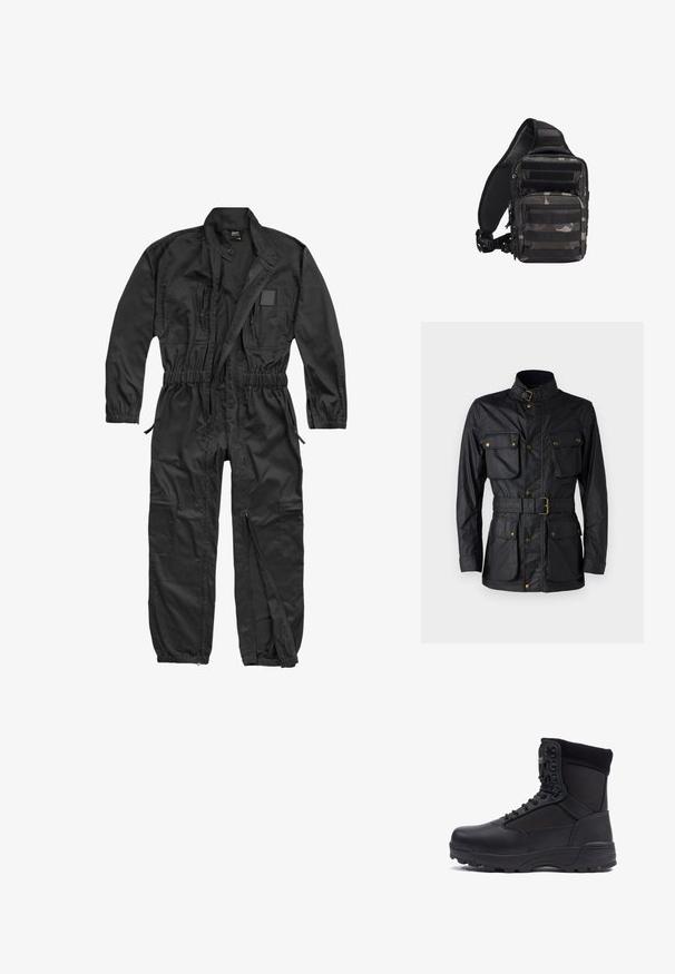 Musternahast riidest must jakk, millel on kõrge krae, neli esist pockets, vöökoht ja kuldse tooni metallist detailid.; Brandit BRANDIT HERREN EINSATZKOMBI - Lühikeste varrukatega bodi - black; Musthave musta taktikaline saabas sileda nahk- ja kangapaneelidega, kõrge pahkluu disain, nööridega ees ja kõva kummitald.; Kompaktne musta ja halli kamuflaažiga taktikaline vöökott mitme lukuga tasku ja reguleeritava polsterdatud õlarihmaga.