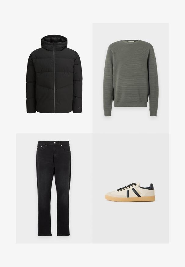 Sort puffjakke med lynlås foran, fast hætte, quiltet design og elastiske manchetter. Har et diskret logo på ærmet.; Grøn ribbet sweater med rund hals, struktureret stof, lange ærmer samt ribbede manchetter og nederkant. Enkel, lige pasform.; Sorte denim jeans med lige ben, der har fem lommer, sølvfarvet hardware og et klassisk linningdesign. Glat tekstur og ensfarvet.; Casual sneakers i creme med sorte striber, med en tekstureret overdel og sål i gummigummi. Snørebåndene er sorte. Diskret logo på siden.