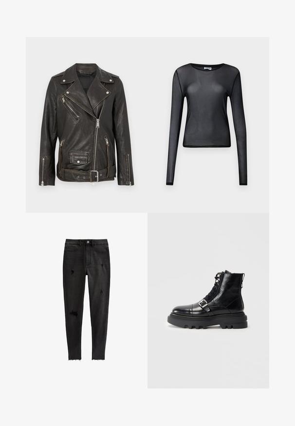 Schwarze Leder-Bikerjacke mit Reißverschlusstaschen, silbernen Beschlägen und einem verstellbaren Gürtel. Verfügt über ein klassisches asymmetrisches Design und eine strukturierte Oberfläche.; Schwarzes, langärmliges, transparentes Mesh-Oberteil mit Rundhalsausschnitt und figurbetonter Silhouette, präsentiert vor schlichtem Hintergrund.; Schwarze Skinny-Jeans aus Denim, mit aufgerissenen Akzenten, hohem Bund, fünf Taschen und einem rohen Saum an den Knöcheln.; Schwarze Leder-Ankle-Boots mit strukturierter Oberfläche, ausgestattet mit Schnürdesign, Metallakzenten und einer dicken Gummisohle mit ausgeprägtem Profil.