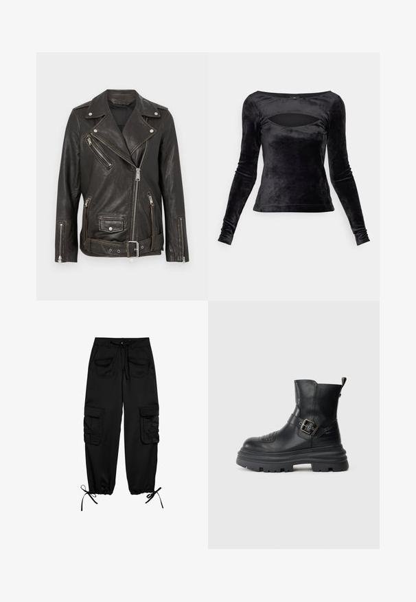 Schwarze Leder-Bikerjacke mit Reißverschlusstaschen, silbernen Beschlägen und einem verstellbaren Gürtel. Verfügt über ein klassisches asymmetrisches Design und eine strukturierte Oberfläche.; Schwarzes Langarmshirt aus weichem Samt, mit einem runden Ausschnitt und einem Cut-out-Detail sowie einer taillierten Silhouette. Glatte Textur im gesamten Shirt.; Schwarze Cargo-Hosen aus weichem Material, mit elastischem Bund, zwei Vordertaschen und zwei Seitentaschen mit Knopfklappen. Verstellbare Bündchen.; Schwarze Leder-Stiefelette mit einer dicken Sohle, Schnallen-Detail, gerippten Akzenten an der Zehe und einer Schlaufe an der Rückseite.
