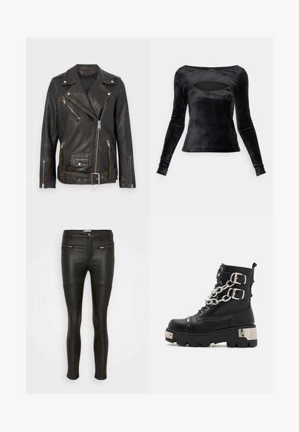 Schwarze Leder-Bikerjacke mit Reißverschlusstaschen, silbernen Beschlägen und einem verstellbaren Gürtel. Verfügt über ein klassisches asymmetrisches Design und eine strukturierte Oberfläche.; Schwarzes Langarmshirt aus weichem Samt, mit einem runden Ausschnitt und einem Cut-out-Detail sowie einer taillierten Silhouette. Glatte Textur im gesamten Shirt.; ONLY Petite ONLBINY NYA ZIP - Stoffhose - black; Koi Footwear SHACKLED SHADOWS HEAVY DUTY CHAIN - Cowboy-/Bikerstiefelette - black