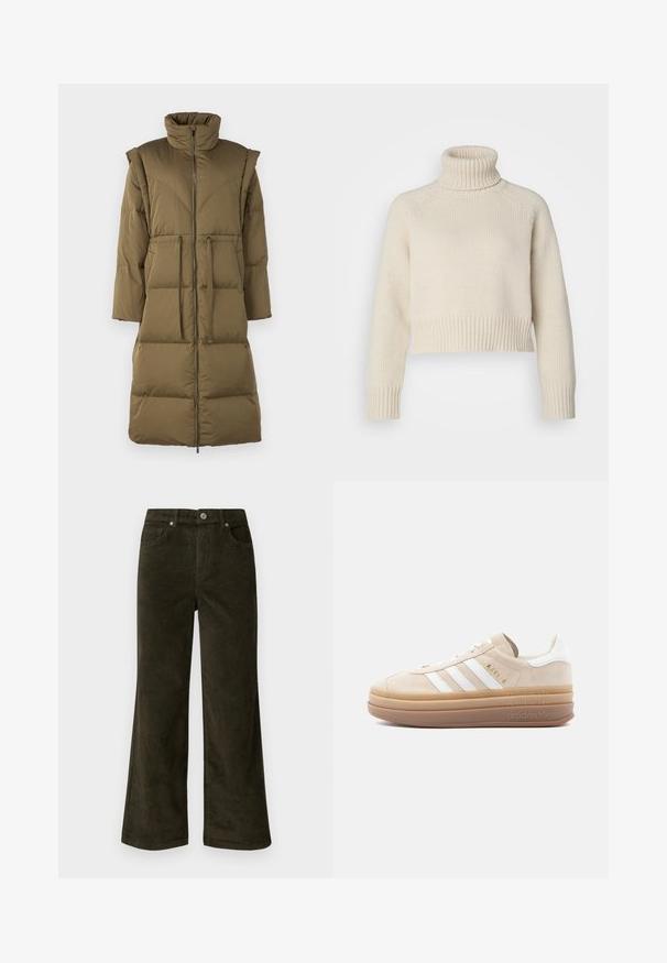 Manteau en duvet vert olive avec un col montant, fermeture éclair à l'avant et deux poches avant. Il présente un matelassage horizontal et une silhouette décontractée.; Pull en tricot crème avec un col roulé côtelé haut, longueur cropped, et des poignets et un ourlet côtelés. Texture lisse avec un motif uni.; Vero Moda Petite VMTESSA PANTS - Pantalon classique - forest night; Baskets en daim beige avec accents en cuir blanc, présentant trois rayures blanches, un logo doré et une semelle en caoutchouc épaisse et translucide.