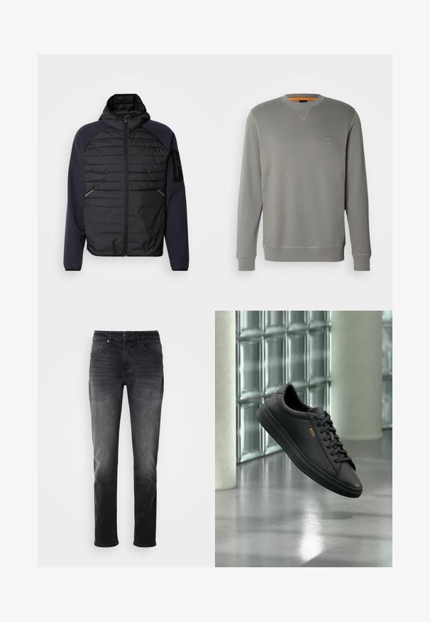 Chaqueta con capucha, con un frente negro acolchado, mangas azul marino, cierre con cremallera y bolsillos laterales. Presenta un parche con el logo en la manga.; BOSS WESTART - Sudadera - open grey sixteen; Jeans de mezclilla negra con un corte recto. Presentan un cierre de botón y cremallera, cinco bolsillos y un ligero desvanecimiento en la tela.; Zapatilla baja de piel negra con cordones negros y logo dorado BOSS en el lateral, flotando sobre un suelo gris brillante en un espacio interior moderno.