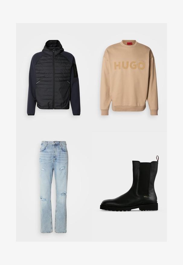 Hoodie s čiernym prešívaným predným dielom, námorníckymi modrými rukávmi, so zipsovým zapínaním a bočnými vreckami. Obsahuje nášivku loga na rukáve.; Béžová mikina s okrúhlym výstrihom, rebrovanými manžetami a lemom. Na prednej strane sa nachádza veľké, matné, tonálne logo "HUGO".; Svetlé denimové džínsy s uvoľneným strihom, ktoré majú poškodené miesta a rozstrapkané okraje. Tkanina má mäkkú a hladkú textúru.; Čierna kožená členková čižma s elastickým bočným panelom, robustnou podrážkou a ťahákom vzadu, s malým zlatým logom "Hugo" neďaleko päty.