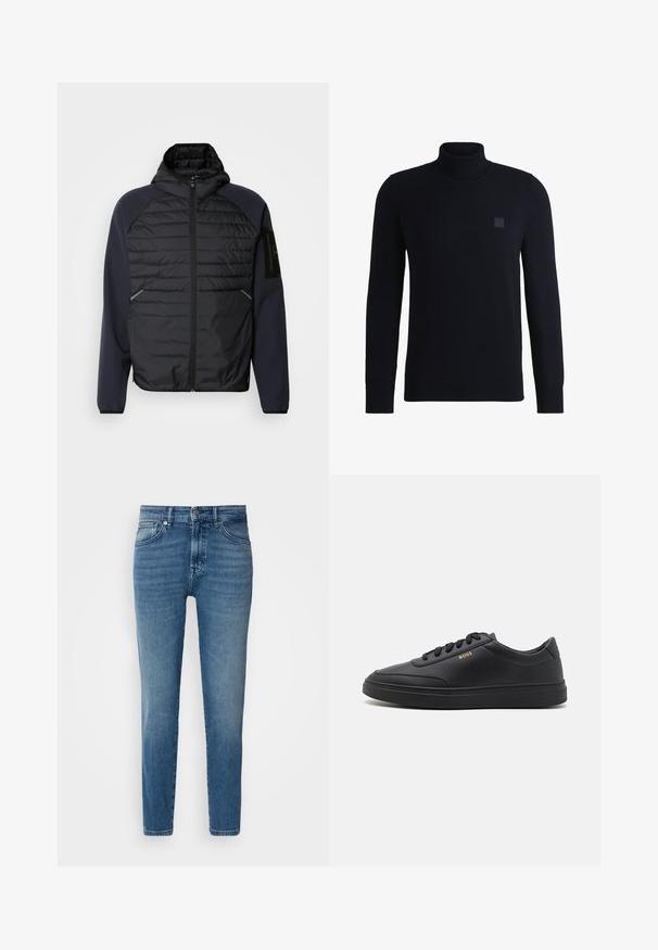 Hoodie s čiernym prešívaným predným dielom, námorníckymi modrými rukávmi, so zipsovým zapínaním a bočnými vreckami. Obsahuje nášivku loga na rukáve.; Námornícky modrý rolák vyrobený z mäkkého úpletu, so širokými rukávmi a rebrovaným golierom. Obsahuje štvorcový logotyp na hrudi.; Svetlomodré džínsy s rovnými nohavicami, tradičným dizajnom s piatimi vreckami, kovovým zapínaním na gombík a jemným vyblednutím na prednej strane.; Čierne kožené tenisky s hladkou textúrou, okrúhlou špičkou, plochou gumovou podrážkou a tónovanými šnúrkami. Obsahujú zlaté logo "BOSS" na boku.