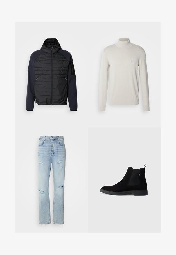 Veste à capuche avec un devant matelassé noir, des manches bleu marine, une fermeture éclair et des poches latérales. Dotée d'un patch logo sur la manche.; Pull à col roulé beige clair en tricot doux, avec des manches longues et un petit patch en forme de carré sur la poitrine.; Jean en denim délavé avec une coupe décontractée, présentant des zones déchirées et des bords effilochés. Le tissu a une texture douce et lisse.; Bottines Chelsea en suède noir avec panneaux élastiques sur les côtés, bout rond et semelle en caoutchouc basse. Dotées d'une languette à l'arrière pour un enfilage facile.