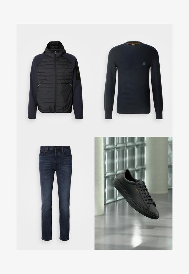 Hoodie s čiernym prešívaným predným dielom, námorníckymi modrými rukávmi, so zipsovým zapínaním a bočnými vreckami. Obsahuje nášivku loga na rukáve.; Pletený sveter námorníckej modrej farby s dlhými rukávmi, okrúhlym výstrihom, štruktúrovanou tkaninou a malou nášivkou loga na hrudi.; Tmavomodré denimové džínsy so strihom rovného nohu, obsahujúce päť vreciek, zapínanie na gombík a zips, a jemné švy.; Čierna nízka kožená teniska s čiernymi šnúrkami a zlatým logom BOSS na boku, vznášajúca sa nad lesklou sivou podlahou v modernom vnútornom priestore.