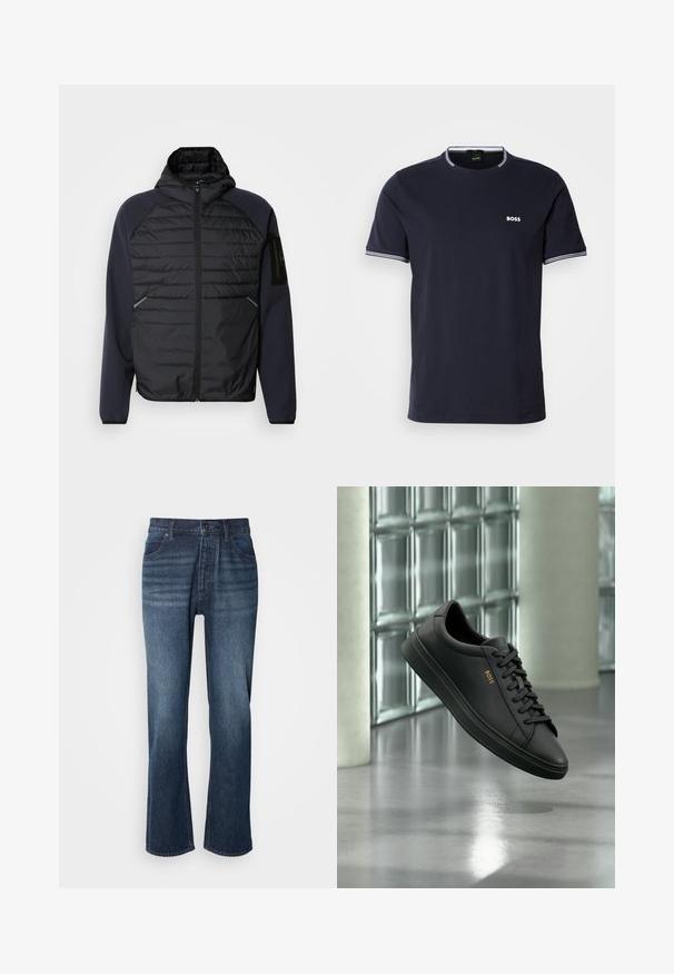 Hoodie s čiernym prešívaným predným dielom, námorníckymi modrými rukávmi, so zipsovým zapínaním a bočnými vreckami. Obsahuje nášivku loga na rukáve.; Námornícky modré bavlnené tričko s okrúhlym výstrihom, s bielymi pruhovanými akcentmi na golieri a rukávoch a malým bielym logom na hrudi.; Džínsy s rovnými nohavicami, stredné pranie, päť vreciek a zapínanie na gombík. Materiál má hladkú štruktúru s jemným vyblednutím.; Čierna nízka kožená teniska s čiernymi šnúrkami a zlatým logom BOSS na boku, vznášajúca sa nad lesklou sivou podlahou v modernom vnútornom priestore.