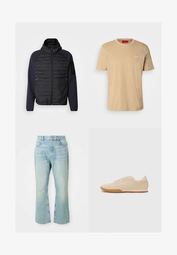 Hoodie s čiernym prešívaným predným dielom, námorníckymi modrými rukávmi, so zipsovým zapínaním a bočnými vreckami. Obsahuje nášivku loga na rukáve.; Béžové bavlnené tričko s okrúhlym výstrihom, krátkymi rukávmi a malým bielym logom "HUGO" na hrudi. Hladká textúra bez vzoru.; Svetlomodré džínsy s rozšírenými nohavicami a vysokým pásom, so piatimi vreckami, pútkami na opasok a so zafarbením s vyblednutým vzhľadom.; Béžové semišové tenisky s elegantným dizajnom, ktoré majú štruktúrovaný zvršok, zaoblenú špičku a gumovú podošvu so zigzagovým vzorom.