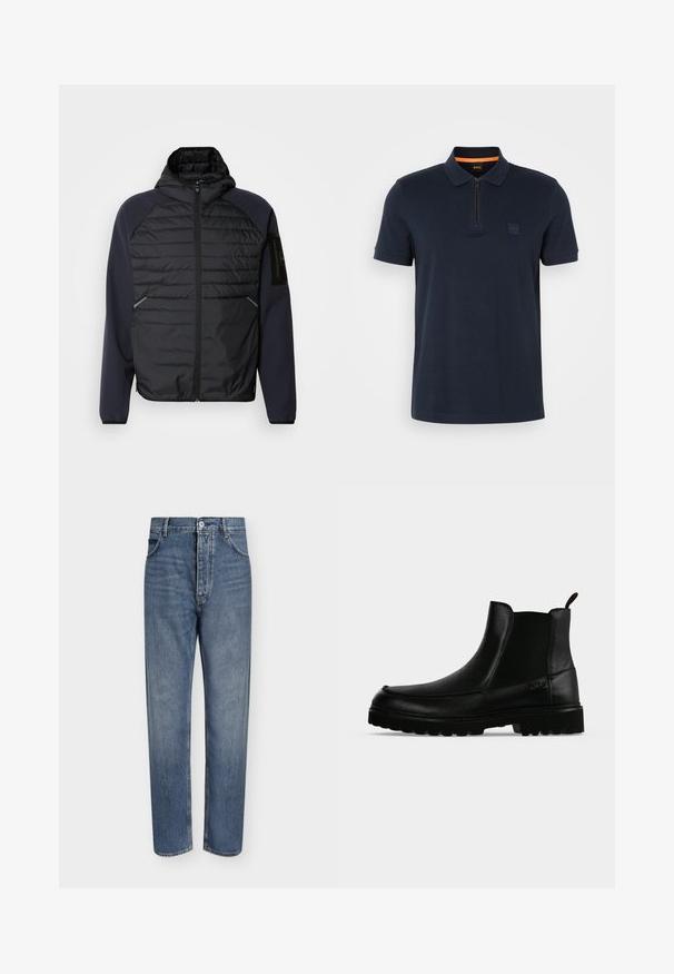 Veste à capuche avec un devant matelassé noir, des manches bleu marine, une fermeture éclair et des poches latérales. Dotée d'un patch logo sur la manche.; Polo shirt marine avec un col zippé, doté d'une petite écusson sur la poitrine et de manches courtes. Matière en mélange de coton avec une texture lisse.; Jean droit en denim bleu avec taille haute, fermeture à boutons sur le devant et design à cinq poches sur un fond clair uni.; Bottine noire en cuir avec semelle texturée, panneaux latéraux élastiques et languette de tirage sur fond gris clair.