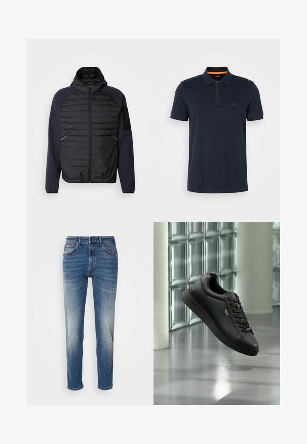 Hoodie s čiernym prešívaným predným dielom, námorníckymi modrými rukávmi, so zipsovým zapínaním a bočnými vreckami. Obsahuje nášivku loga na rukáve.; Námornícka polokošeľa s zipsovým golierom, vybavená malou nášivkou na hrudi a krátkymi rukávmi. Materiál z bavlneného zloženia s hladkou textúrou.; Modré denimové džínsy s rovnými nohavicami, svetlým vyblednutím, klasickým päťvreckovým dizajnom a zipsom s gombíkovým zapínaním.; Čierna kožená teniska BOSS s tkaničkami, ktorá sa vznáša vo vnútri pred stenou z sklenených blokov a na pozadí betónová podlaha.