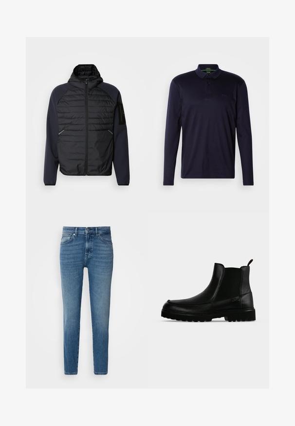 Veste à capuche avec un devant matelassé noir, des manches bleu marine, une fermeture éclair et des poches latérales. Dotée d'un patch logo sur la manche.; Polo à manches longues bleu marine en coton doux, avec une patte de boutonnage à trois boutons et un logo brodé sur la poitrine. Texture lisse.; Jeans en denim bleu clair avec une coupe droite, design traditionnel à cinq poches, fermeture par bouton en métal et décoloration subtile à l'avant.; Bottine noire en cuir avec semelle texturée, panneaux latéraux élastiques et languette de tirage sur fond gris clair.