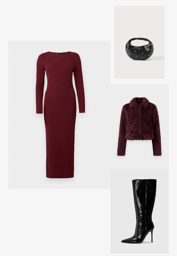 Veste courte bordeaux en tissu pelucheux et texturé avec un col et des manches longues. Pas de fermetures visibles ni d'embellissements.; Robe maxi en tricot côtelé bordeaux avec des manches longues et un col bateau, présentant une silhouette ajustée et une texture subtile.; Bottes noires en cuir, hautes jusqu'au genou, avec un bout pointu et un talon aiguille haut. Texture lisse et design épuré, avec un minimum de détails.; Sac à main en cuir noir de forme arrondie, décoré de clous argentés et équipé d'une poignée courte. Texture lisse et fermeture éclair.