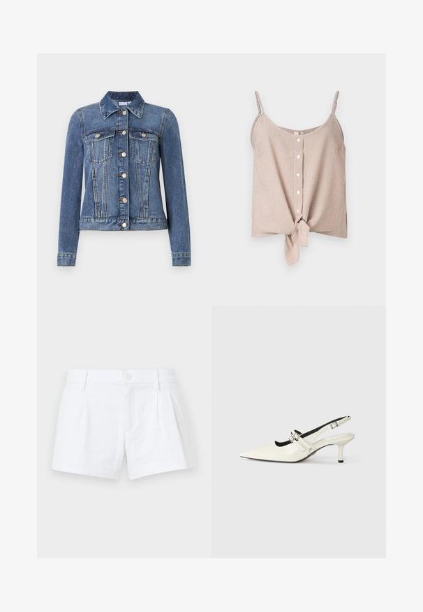 Blaue Jeansjacke mit Knopfverschluss, zwei Brusttaschen mit Klappen, langen Ärmeln und Kragen, flach auf weißem Hintergrund liegend.; Gestreifter ärmelloser Oberteil in Creme- und Pfirsichtönen, mit einer Knopfleiste und einem Knoten-Detail am Saum. Leichter Stoff mit lockerer Passform.; Weiße Leinen-Shorts mit Falten, Knopfverschluss und Seitentaschen. Besitzt einen taillierten Schnitt und eine glatte Textur.; Spitz zulaufender Slingback-Schuh aus glänzendem weißen Leder mit zwei verstellbaren Riemen und einem 6 cm hohen Stiletto-Absatz.