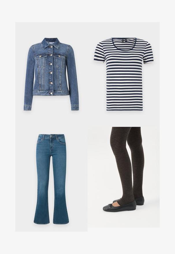 Blaue Jeansjacke mit Knopfverschluss, zwei Brusttaschen mit Klappen, langen Ärmeln und Kragen, flach auf weißem Hintergrund liegend.; Gestreiftes T-Shirt mit kurzen Ärmeln, das marineblau-weiße horizontale Streifen, einen runden Halsausschnitt und einen weichen Baumwollstoff aufweist.; Blaue Jeans im Schlagstil aus Denim mit einer mittelhohen Taille, Fünf-Taschen-Design und subtilen Stickdetails. Glatte Textur mit klassischer Waschung.; Beine in dunklen, gerippten Leggings kombiniert mit schwarzen Ballerinas mit kleinen Schleifendetails auf weißem Hintergrund.