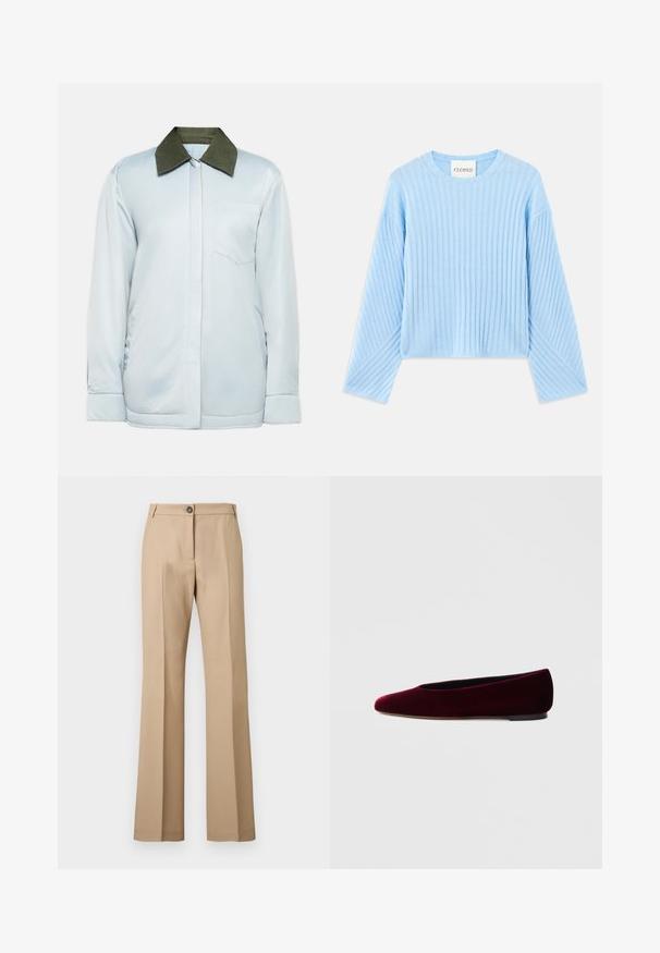 Veste bleu clair en tissu lisse avec un col en velours côtelé vert foncé, une poche poitrine et des poignets à bouton. Design simple et moderne.; Pull en maille côtelée bleu clair avec un col rond et des manches longues, présentant un motif texturé et une coupe courte. Étiquette de marque visible à l'intérieur.; Pantalon beige à jambe droite avec pli avant, fermeture par bouton et passants pour ceinture, présenté sur un fond uni.; Ballerines en velours bordeaux avec un bout arrondi et un talon bas, présentant une texture lisse et un design élégant.
