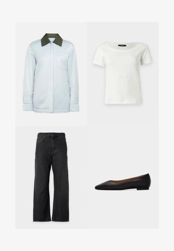 Veste bleu clair en tissu lisse avec un col en velours côtelé vert foncé, une poche poitrine et des poignets à bouton. Design simple et moderne.; Haut blanc en coton à manches courtes pour femmes avec un large col rond sur un fond clair uni.; Jean en denim noir à jambes larges avec bouton et fermeture éclair à l'avant, passants de ceinture et poches latérales, présenté sur un fond clair uni.; Chaussure plate en cuir noir à bout pointu avec talon bas et finition lisse, vue de côté sur un fond gris clair.