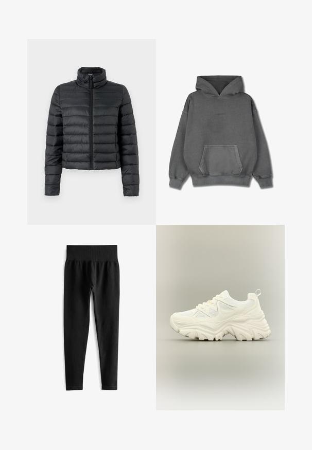 Zwarte pufferjack met hoge kraag, voorzijde met rits en gewatteerd ontwerp. Heeft een cropped lengte en een gladde, synthetische stofstructuur.; Pegador CLARITA LOGO OVERSIZED HOODIE - Hoodie - vintage grey grey gum; Zwarte geribde legging met een brede, elastische tailleband. De stof lijkt rekbaar en gestructureerd, eindigend net boven de enkel.; Witte chunky sneaker met dikke textuurrijke zool, mesh panelen, veters aan de voorkant en een treklipje aan de hiel op een neutrale achtergrond.