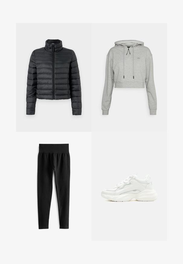Zwarte pufferjack met hoge kraag, voorzijde met rits en gewatteerd ontwerp. Heeft een cropped lengte en een gladde, synthetische stofstructuur.; Even&Odd active by Zalando Hoodie - grey; Zwarte geribde leggings met een brede elastische tailleband, met een aansluitende pasvorm en een gladde textuur. Geen zichtbare hardware of patronen.; Witte chunky sneaker met dikke zool, veters aan de voorkant en een glad bovenwerk van synthetisch materiaal met subtiele stikdetails.
