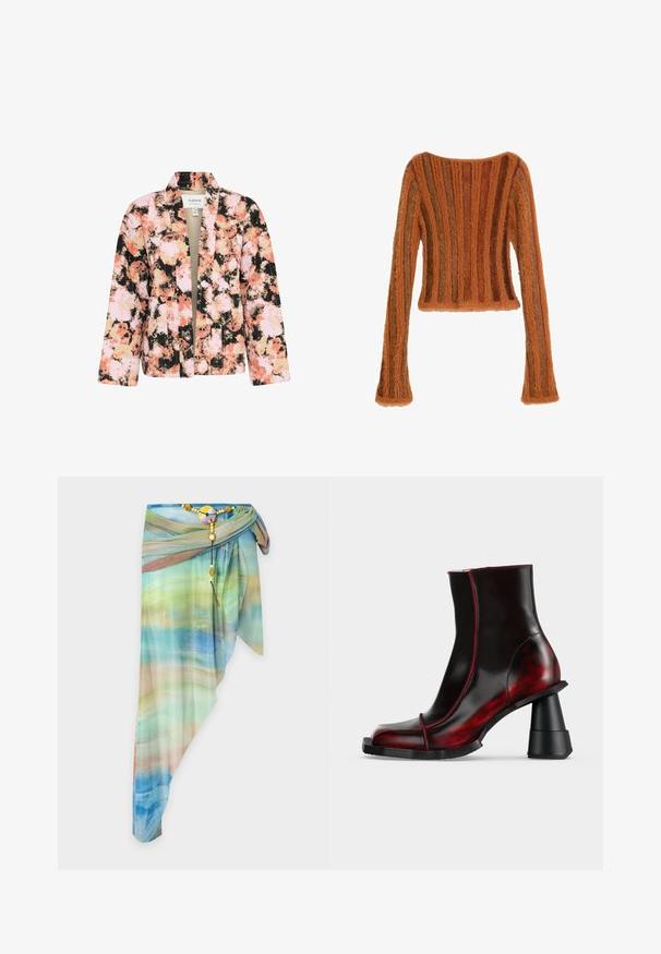 Chaqueta abierta para mujer con un patrón abstracto de flores en rosa, negro, beige y coral, y mangas largas.; Jersey corto de manga larga y peludo con rayas verticales en tonos marrones y naranjas sobre un fondo blanco.; Falda cruzada asimétrica transparente con patrón degradado en azul, verde y beige, sujeta con un cinturón decorativo con cuentas y cierre redondo.; Botín negro y rojo oscuro brillante con tacón grueso geométrico y punta cuadrada, exhibido sobre un fondo claro y sencillo.