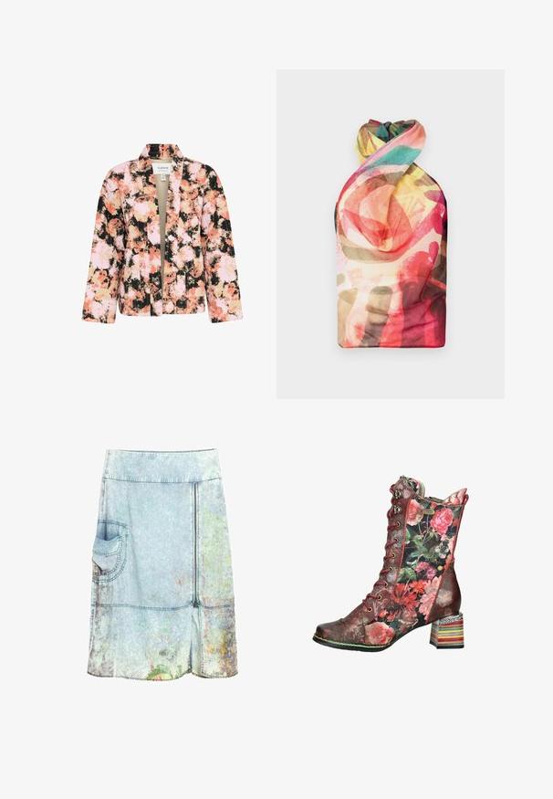 Chaqueta abierta para mujer con un patrón abstracto de flores en rosa, negro, beige y coral, y mangas largas.; Paolina Russo WRAPPED HALTER - Top - acid brown; Falda vaquera azul claro hasta la rodilla con bolsillo lateral, cremallera frontal y sutiles estampados florales cerca del dobladillo.; Botín de tacón alto con cordones rojos, paneles de tela floral, secciones de cuero burdeos y un tacón bloque multicolor a rayas.