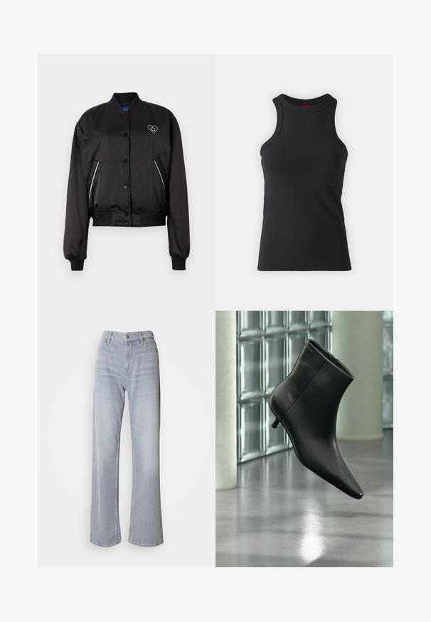 Sort bomberjakke med en glat, blank overflade, ribbede manchetter og talje, frontlukning med knapper og hjerteformet logo-detalje.; Sort ærmeløs tanktop lavet af strækbart stof. Har en rund hals og en tætsiddende silhuet med minimale syninger.; Lys grå vidde jeans med høj talje, lavet af denim. Har forlommer, lynlås og subtil falmen over det hele.; Sort læderankelstøvle med spids tå og lav kitten-hæ, vist vinklet mod en poleret gulv- og glasblokvæg.