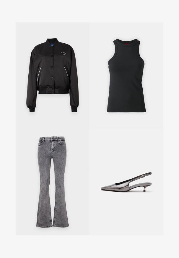 Blouson noir en matériau lisse et brillant, avec des poignets et une ceinture côtelés, une fermeture à boutons sur le devant et un détail de logo en forme de cœur.; Débardeur sans manches noir en tissu extensible. Présente un col rond et une silhouette ajustée avec des détails de couture minimaux.; Jean noir évasé en denim avec un délavage, comportant cinq poches, une fermeture éclair et des coutures contrastées le long des coutures.; Chaussure slingback gris métallique à bout pointu, petit talon kitten et bride réglable sur fond blanc.
