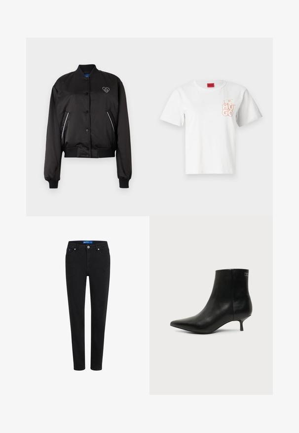 Sort bomberjakke med en glat, blank overflade, ribbede manchetter og talje, frontlukning med knapper og hjerteformet logo-detalje.; Hvid bomulds T-shirt med korte ærmer, rund halsudskæring og et lyserødt "HUGO" logo trykt på venstre brystområde. Rød label ved halsen.; Sorte denimjeans med slim fit, fem lomme-design, lynlås og metalknaplukning. Har subtil syning og en mellemhøj talje.; Sort læder ankelstøvle med spids tå og lav kitten hæl på lys baggrund, der viser yderside.
