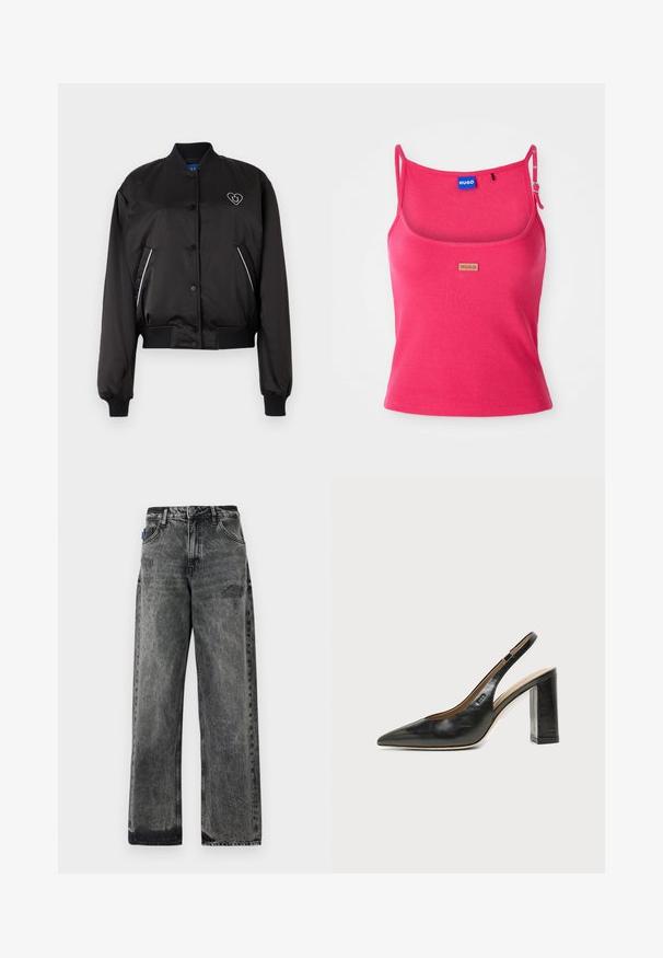 Sort bomberjakke med en glat, blank overflade, ribbede manchetter og talje, frontlukning med knapper og hjerteformet logo-detalje.; Siddende pink tanktop lavet af ribbet stof. Har justerbare stropper og et lille brunt logo-tag foran. Glat tekstur.; Bredde ben sorte denimjeans med en falmet vask, slidte detaljer foran og standard fem-lomme design.; Sort læder peep-toe slingback sko med høj blokhæl og beige indvendig foring mod en ensfarvet lys baggrund.