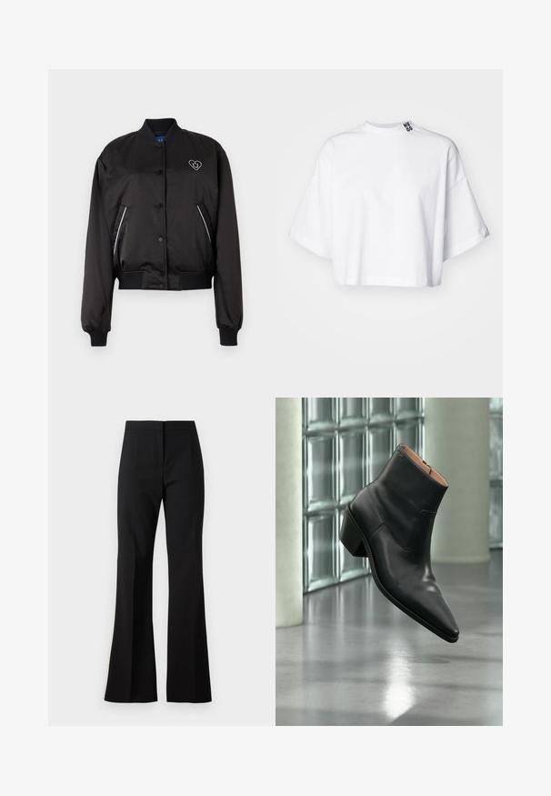 Sort bomberjakke med en glat, blank overflade, ribbede manchetter og talje, frontlukning med knapper og hjerteformet logo-detalje.; Hvid cropped t-shirt lavet af bomuld, med brede korte ærmer og høj halsudskæring. Mærket "HUGO" er trykt med sort på kraven.; Sorte svingbukser lavet af et glat stof, med højtaljet talje, forreste folder og en ren finish ved sømmene.; Sort læderankelstøvle med spids tå og blokhæl, der svæver over en reflekterende grå gulv nær en væg af glasblokke.