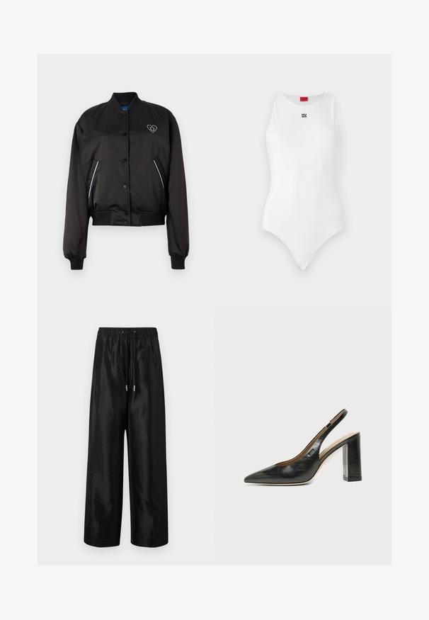Sort bomberjakke med en glat, blank overflade, ribbede manchetter og talje, frontlukning med knapper og hjerteformet logo-detalje.; Hvid bodystocking med ærmeløst design, rund halsudskæring og minimal sort "HUGO" logo på forsiden. Glat tekstur og tætsiddende form.; Sorte brede bukser lavet af blankt stof med elastisk talje og snøre, med sølv hardware-detaljer.; Sort læder peep-toe slingback sko med høj blokhæl og beige indvendig foring mod en ensfarvet lys baggrund.