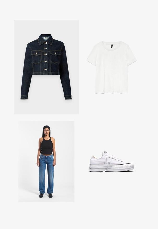 Kürz-jeansjacke in Dunkelblau mit klassischem Kragen, langen Ärmeln, Knopfleiste und zwei Brusttaschen. Kontrastnähte setzen Akzente.; Weißes T-Shirt mit kurzen Ärmeln und rundem Ausschnitt, hergestellt aus leichtem Stoff. Schlichtes Design, glatte Textur und gerader Saum.; Frau mit langen Haaren, die ein schwarzes Tanktop, blaue Jeans, schwarze Schuhe und ein schwarzes Stirnband trägt, steht vor weißem Hintergrund.; Weißer Canvas-Sneaker in niedriger Ausführung mit weißen Schnürsenkeln, schwarzen Streifen an der Sohle und gummiertem, strukturiertem Zehenschutz, Seitenansicht vor weißem Hintergrund.