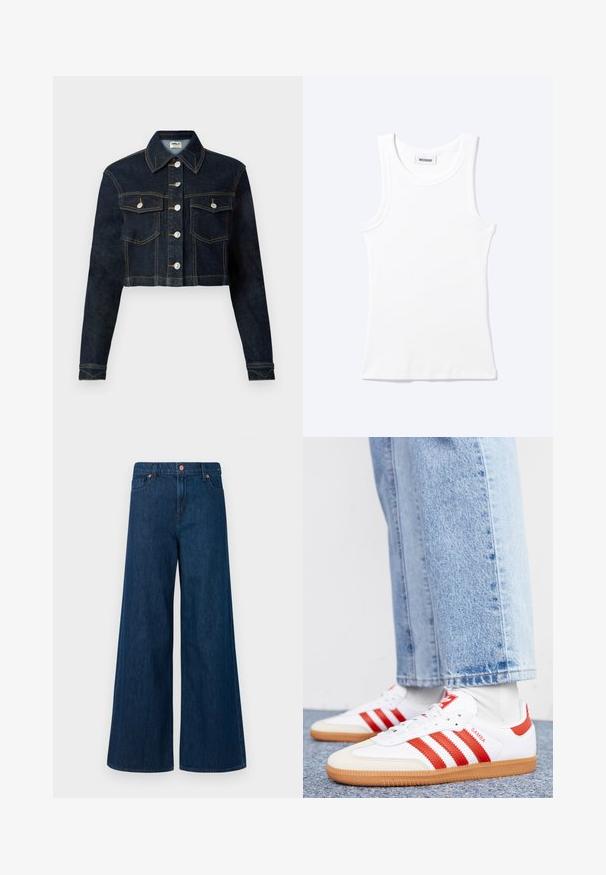 Beskaffet denimjakke i mørkeblå med klassisk krave, lange ærmer, knaplukning foran og to brystlommer. Kontraststing tilføjer detalje.; Hvid ærmeløs ribstrikket top med rund halsudskæring og en lille label med teksten "WEEKDAY" indeni kraven.; Blå, vidde denim jeans med frontlukning med knap, bæltestropper og fem-lommers design på en hvid baggrund.; Hvide lædersneakers med røde striber og accenter. Har en tekstureret gummisål og polstret krave. Bæres med lyseblå denim.