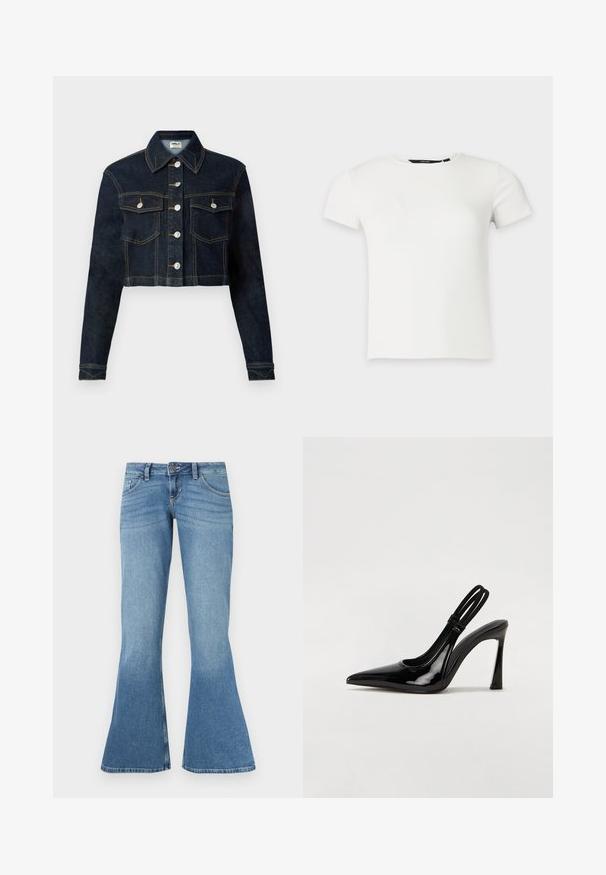 Beskaffet denimjakke i mørkeblå med klassisk krave, lange ærmer, knaplukning foran og to brystlommer. Kontraststing tilføjer detalje.; Hvid kortærmet ribstrikket t-shirt med rund halsudskæring, vist på en ensartet lys grå baggrund.; Blå denim flared jeans med høj talje, der har fem lommer, kontrastsyninger og en let farvegradient mod kanten.; Sorte patenterede lædersædler med spidse tæer, slank høj hæl og dobbelt elastisk rem for sikker pasform. Glat, skinnende overflade.