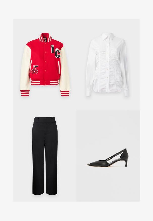 Veste universitaire rouge et blanche avec poignets et col rayés, écusson cerise sur le devant gauche, et lettres "IC" sur la poitrine droite.; Chemise blanche à manches longues avec un texture froncée sur le devant, petits boutons dorés et col standard.; Pantalon noir taille haute, jambes droites, avec larges passants de ceinture et fermeture avant dissimulée sur un fond clair.; Escarpin en cuir noir à petit talon en forme de kit avec embout pointu argenté et doubles sangles à boucle sur fond blanc.