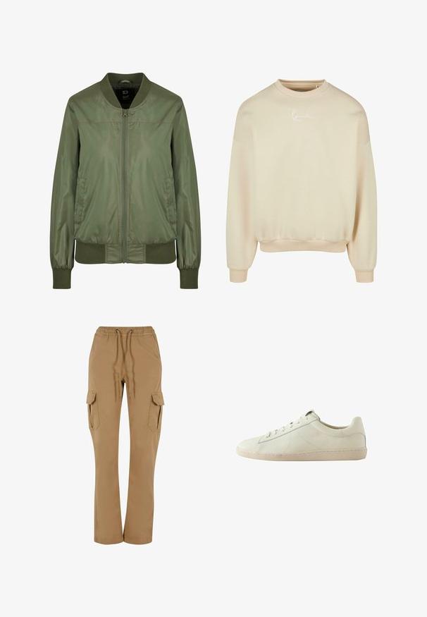 Olivovo zelená bomber bunda vyrobená z lesklého materiálu, s predným zipsom, rebrovanými manžetami a priliehavým pásom, s diskrétnymi bočnými vreckami.; Béžová mikina s okrúhlym výstrihom, dlhými rukávmi a rebrovanými manžetami. Má biele logo na hrudi a hladkú, jemnú textúru.; Khaki cargo nohavice s elastickým pásom a šnúrkou. Obsahujú dva bočné vrecká a voľný strih. Vyrobené z hladkej tkaniny.; Nízke biele kožené tenisky s textúrovaným povrchom, viazaním na šnúrky a béžovou gumovou podrážkou, zobrazené z boku na bielom pozadí.