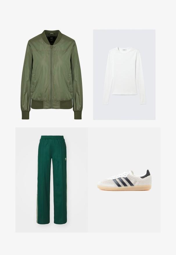 Olivovo zelená bomber bunda vyrobená z lesklého materiálu, s predným zipsom, rebrovanými manžetami a priliehavým pásom, s diskrétnymi bočnými vreckami.; Biele jednofarebné tričko s dlhým rukávom a okrúhlym výstrihom s priliehavým strihom, zobrazené na svetlosivom pozadí.; Tmavohnedé športové nohavice s voľným strihom, s nastaviteľným pásom na šnúrku, postrannými vreckami a smotanovými pruhmi po stranách.; Biele sieťované tenisky s čiernym dizajnom troch pruhov, zaoblenou špičkou a gumovou podrážkou. Majú mäkký opätkový golier a šnurovanie.