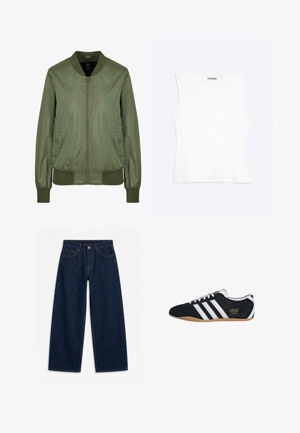 Olivengrüne Bomberjacke aus glänzendem Material, mit einem Reißverschluss vorne, gerippten Bündchen und einem taillierten Bund, sowie diskreten Seitentaschen.; Weißes, ärmelloses, figurbetontes Tanktop mit rundem Ausschnitt und minimalistischem Design, innen am Kragen mit der Aufschrift „WEEKDAY“.; Dunkelblaue Jeans mit weitem Bein, vorne mit Knöpfen und Reißverschluss, Gürtelschlaufen und Fünf-Taschen-Design, flach auf weißem Hintergrund liegend.; Schwarze Wildledersneaker mit drei weißen Streifen, goldenem Logo und brauner Gummisohle. Merkmale ein niedrigprofiliertes Schnürdesign.