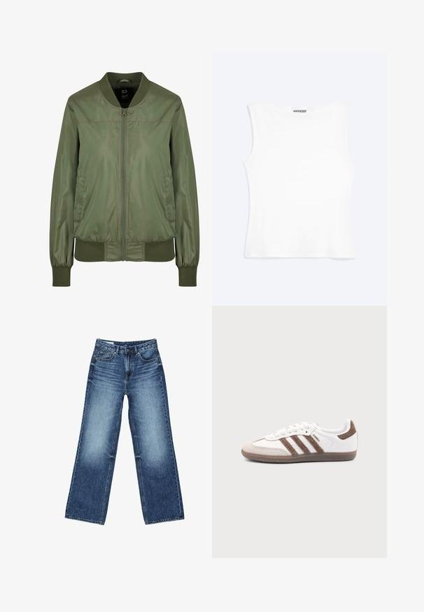 Olivengrüne Bomberjacke aus glänzendem Material, mit einem Reißverschluss vorne, gerippten Bündchen und einem taillierten Bund, sowie diskreten Seitentaschen.; Weißes, ärmelloses, figurbetontes Tanktop mit rundem Ausschnitt und minimalistischem Design, innen am Kragen mit der Aufschrift „WEEKDAY“.; Blaue Jeans mit weitem Bein, ausgestattet mit vorderen und Münztaschen, Knopfverschluss und ausgewaschenen Bereichen an Oberschenkeln und Knien.; Weißer Adidas Samba Sneaker mit braunen Wildlederstreifen, brauner Gummisohle und beiger Wildlederkappe, von der Außenseite auf schlichtem Hintergrund gezeigt.