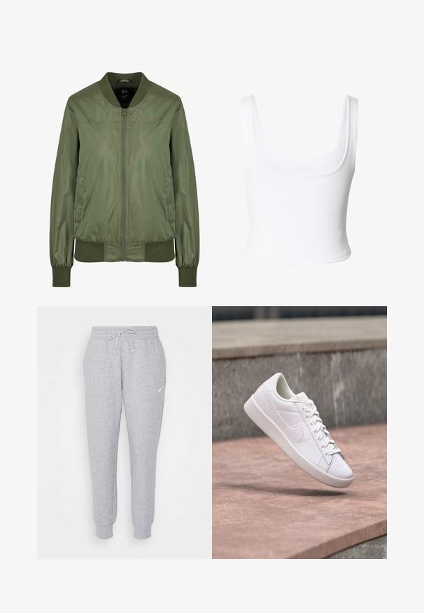 Olijfgroene bomberjack van glanzende stof, met een ritssluiting aan de voorkant, geribde manchetten en een aansluitende tailleband, voorzien van discrete zijzakken.; Witte cropped tanktop met brede bandjes en een vierkante halslijn gemaakt van gladde stof.; Lichtgrijze sweatpants met een trekkoord bij de taille, taps toelopende benen en een klein wit logo op de linkerdij. Gemaakt van een zachte, gestructureerde stof.; Witte Nike lage sneaker met veters, hangend boven een betonnen richel tegen een grijze stenen achtergrond buiten.