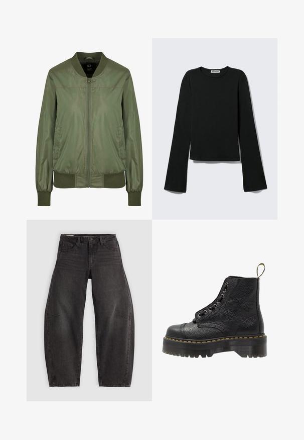 Olivengrüne Bomberjacke aus glänzendem Material, mit einem Reißverschluss vorne, gerippten Bündchen und einem taillierten Bund, sowie diskreten Seitentaschen.; Schwarzes Langarmshirt mit Rundhalsausschnitt, figurbetonter Silhouette und leicht ausgestellten Ärmeln, gekennzeichnet mit einem "Weekday" Markenetikett im Nacken.; Schwarze Denim-Jeans mit Relaxed Fit, ausgestattet mit fünf Taschen, einem Knopfverschluss und subtilen Verblassungen. Der Stoff hat eine glatte, robuste Textur.; Schwarze Leder-Ankle-Boots mit strukturierten Oberflächen, runder Zehenpartie, Schnürdesign, gelben Nähten und einer dicken, gerippten schwarzen Plateausohle.