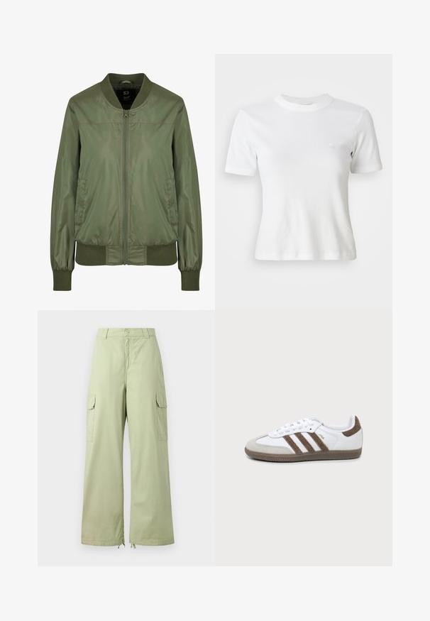 Olivengrüne Bomberjacke aus glänzendem Material, mit einem Reißverschluss vorne, gerippten Bündchen und einem taillierten Bund, sowie diskreten Seitentaschen.; Weiße, gerippte Kurzarm-T-Shirt mit Rundhalsausschnitt und kleinem Logo auf der Brust. Aus weichem Stoff gefertigt mit taillierter Passform.; Helle grüne Cargo-Hose mit weitem Bein, aus Baumwolle. Verfügt über zwei Seitentaschen und einen Knopfverschluss. Glatte Textur und lässiges Design.; Weißer und brauner Adidas Samba Sneaker mit drei braunen Streifen, Schnürsenkeln und strukturierter Sohle, von der Seite auf einem einfarbigen Hintergrund gezeigt.