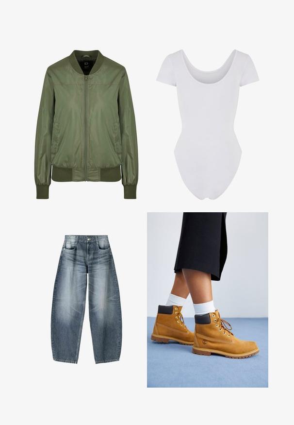 Veste bomber vert olive en tissu brillant, dotée d'une fermeture éclair à l'avant, de poignets côtelés et d'une taille ajustée, avec des poches latérales discrètes.; Body blanc à manches courtes avec col arrondi, fabriqué dans un tissu doux et extensible. Le design présente une silhouette ajustée et une construction sans coutures.; Jean large en denim bleu clair avec décoloration, présentant un design à cinq poches, un bouton de fermeture et des détails de couture minimaux.; Bottines en suede beige avec des accents en cuir marron, des œillets dorés et une semelle texturée. Chaussettes blanches visibles au-dessus des bottines.