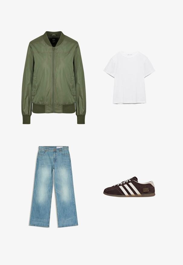 Veste bomber vert olive en tissu brillant, dotée d'une fermeture éclair à l'avant, de poignets côtelés et d'une taille ajustée, avec des poches latérales discrètes.; T-shirt blanc uni à manches courtes et col rond, avec un ourlet droit, présenté sur un fond blanc.; Jean denim bleu clair à jambes larges avec poches avant, passants pour ceinture et fermeture par bouton, présentant une légère décoloration aux cuisses.; Baskets en suède marron avec trois bandes blanches, semelle en caoutchouc, et étiquette avec le texte "Gazelle" en or. Fermeture à lacets avec lacets gris.