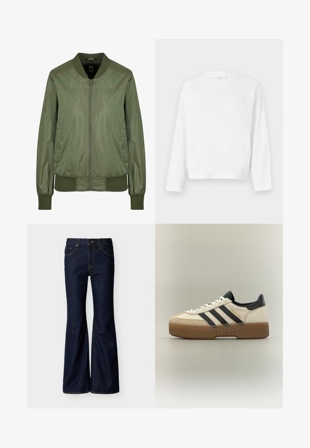 Olivengrüne Bomberjacke aus glänzendem Material, mit einem Reißverschluss vorne, gerippten Bündchen und einem taillierten Bund, sowie diskreten Seitentaschen.; Gina Tricot BASIC LONG SLEEVE TEE - Langarmshirt - white; Dunkelblaue Jeans aus Denim mit ausgestellten Beinen, vorderer Knopf- und Reißverschluss sowie Fünf-Taschen-Design mit kontrastierenden Nähten.; Weißer Adidas Sneaker mit schwarzen Streifen, beiger Wildlederkappe, brauner Sohle und "SPEZIAL" in goldener Schrift an der Seite.